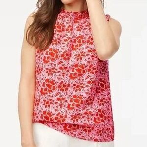 J.Crew Factory Printed Floral Ruffle Neck Top Womens XS Red Pink Linen Blend